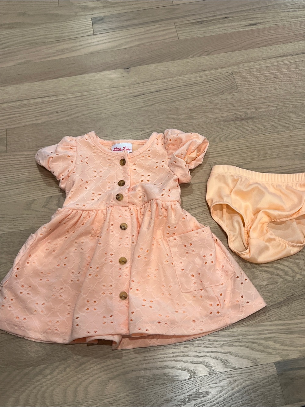 Little Lass Peach Eyelet Button-Front Dress with Matching Bloomer
